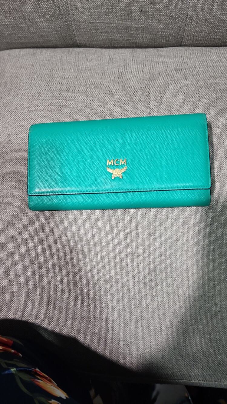 mcm turquoise green long trifold wallet